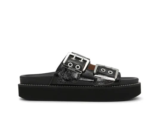 AccessoriesShoes GANNI Flats Wide Welt Chunky Buckle Flat Sandals Black