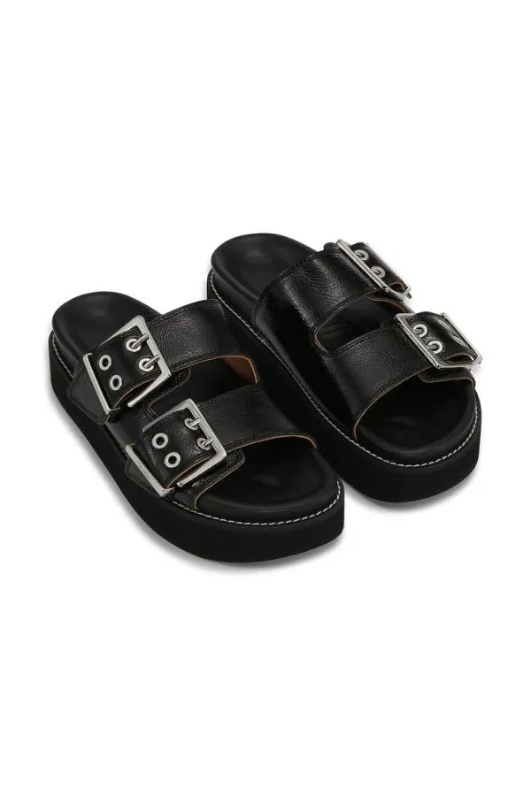 AccessoriesShoes GANNI Flats Wide Welt Chunky Buckle Flat Sandals Black