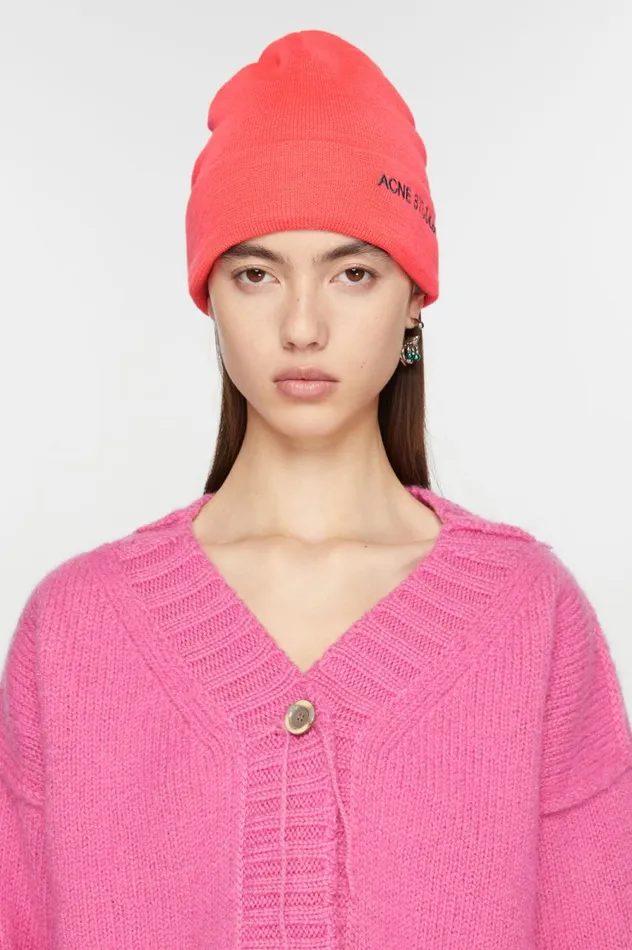 Acne Studios Embroidered Logo Beanie Fluo Pink Women Hats