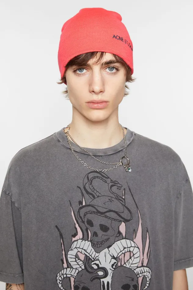Acne Studios Embroidered Logo Beanie Fluo Pink Women Hats