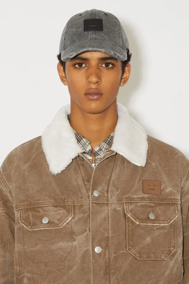 Acne Studios Leather Face Patch Cap Carbon Grey Men Hats