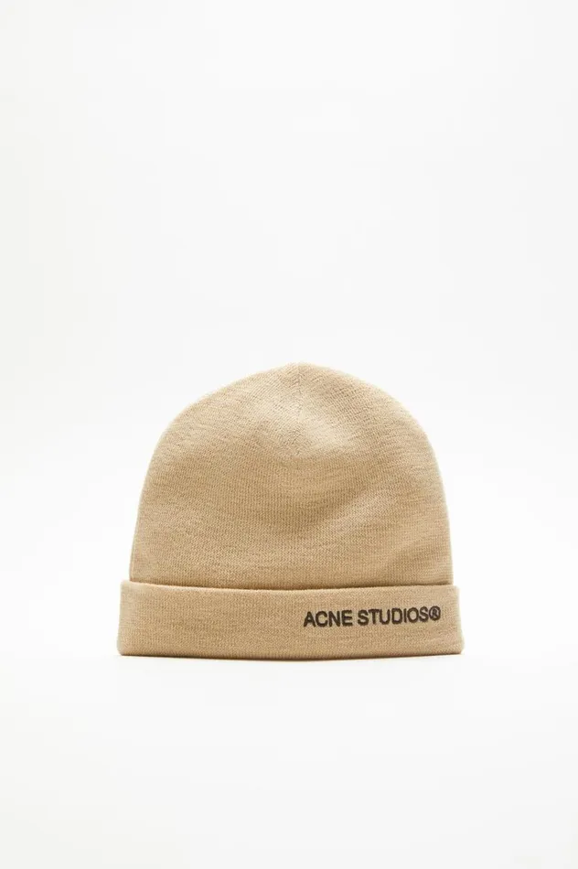 Acne Studios Logo Beanie Shell Beige Women Hats