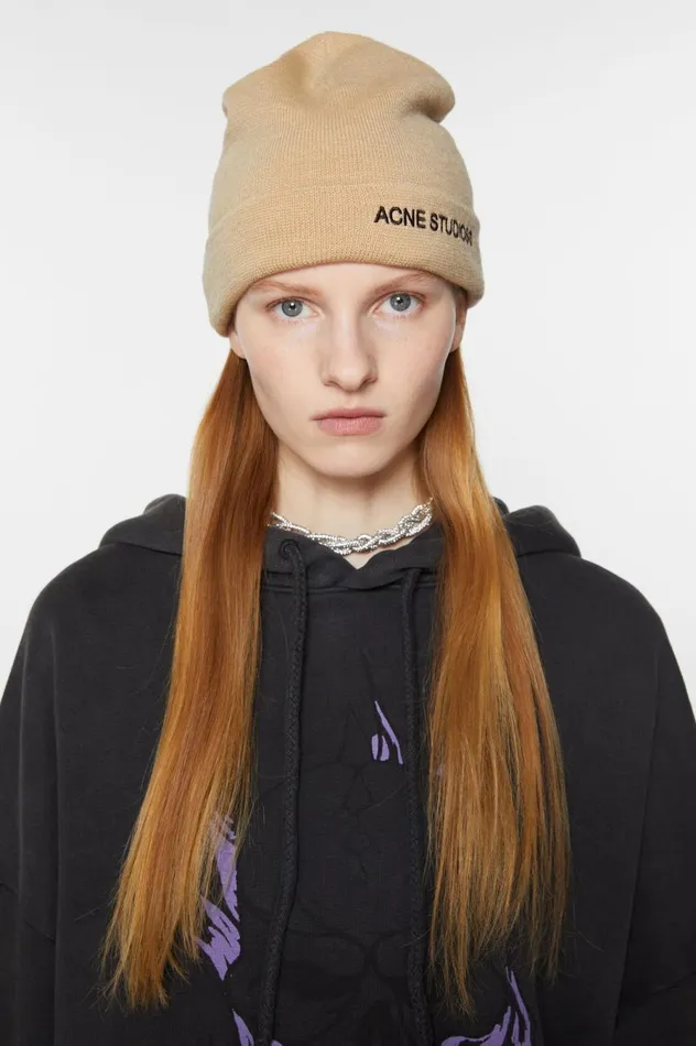 Acne Studios Logo Beanie Shell Beige Women Hats