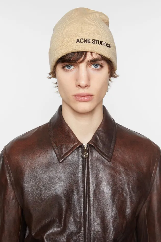 Acne Studios Logo Beanie Shell Beige Women Hats