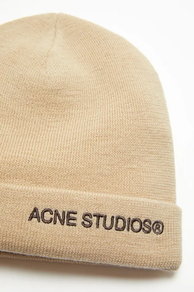 Acne Studios Logo Beanie Shell Beige Women Hats