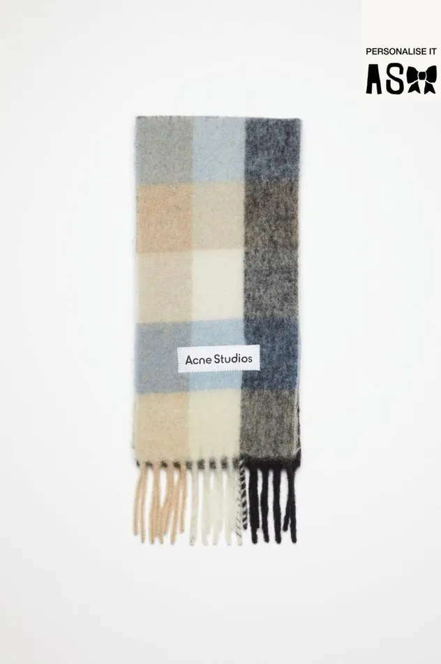 Acne Studios Mohair Checked Scarf Bluebeigeblack Men Scarves