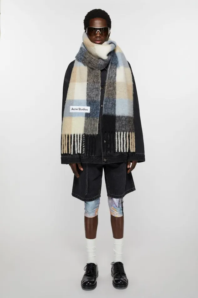 Acne Studios Mohair Checked Scarf Bluebeigeblack Men Scarves
