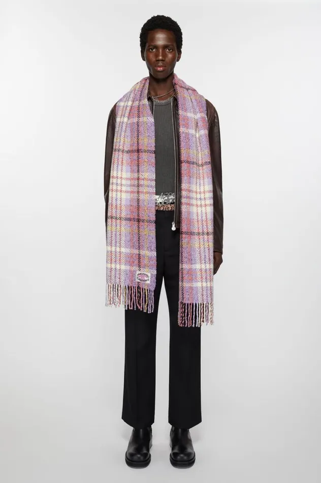 Acne Studios Plaid Fringe Scarf Violet Purple Women Scarves