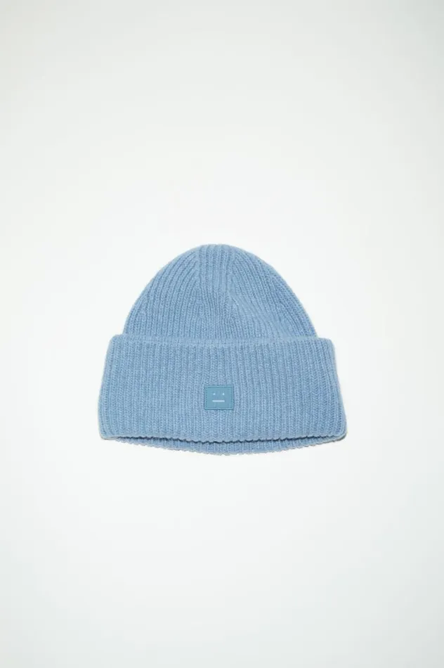 Acne Studios Small Face Logo Beanie Steel Blue Melange Women Hats