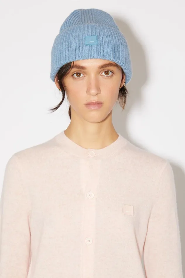 Acne Studios Small Face Logo Beanie Steel Blue Melange Women Hats