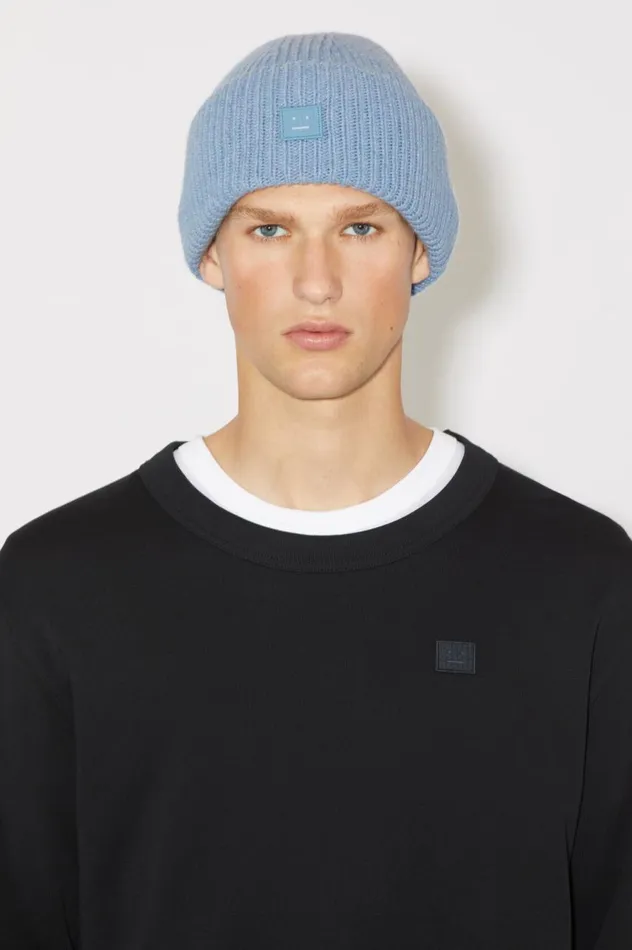 Acne Studios Small Face Logo Beanie Steel Blue Melange Women Hats