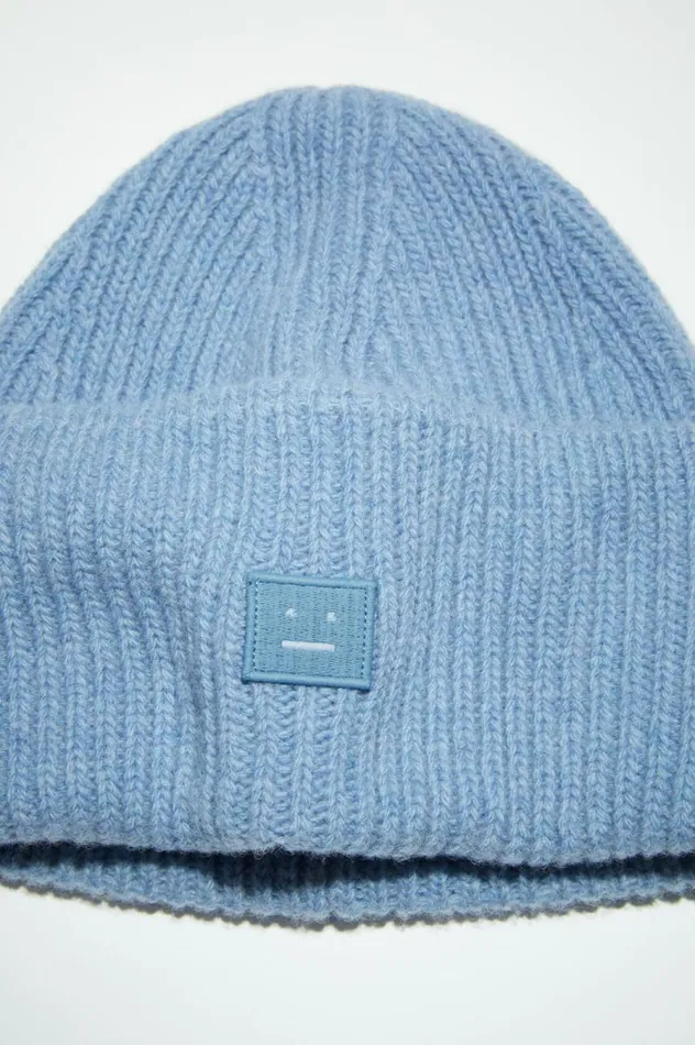 Acne Studios Small Face Logo Beanie Steel Blue Melange Women Hats