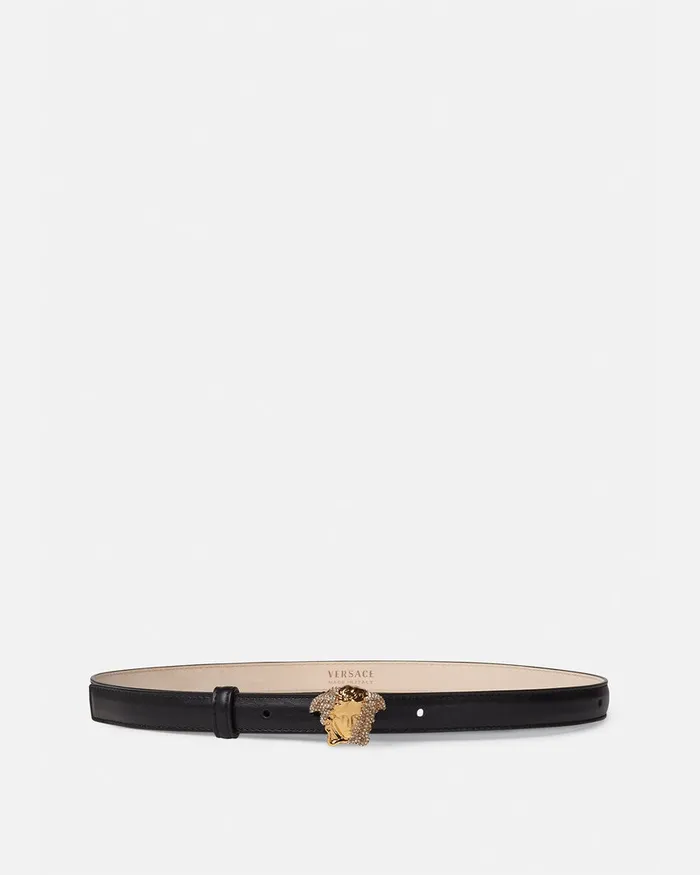 Belts Women Versace Crystal La Medusa Thin Leather Belt Black