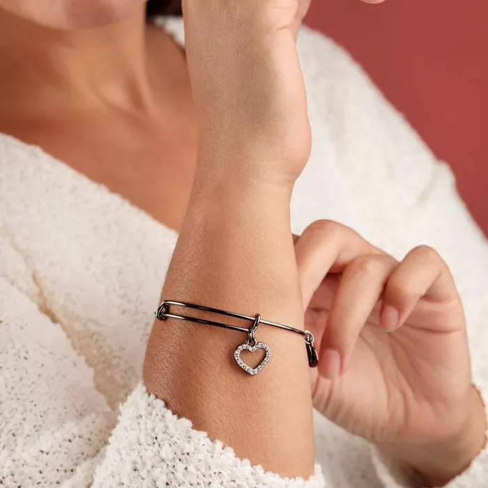 Bracelets Women Alex And Ani Pav Heart Charm Bangle Midnight Silver