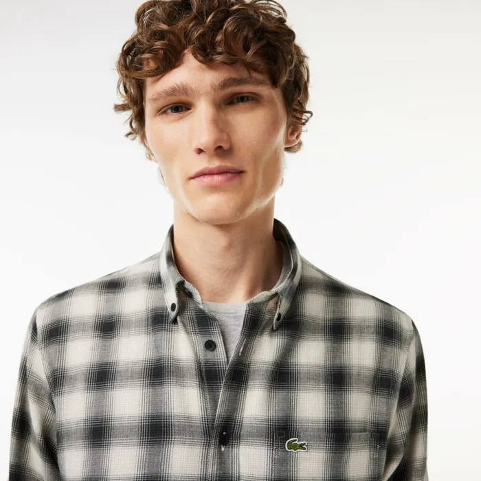 Button Down Shirts Men Lacoste Men039s Cotton And Wool Blend Checked Flannel Shirt Black White Kbr