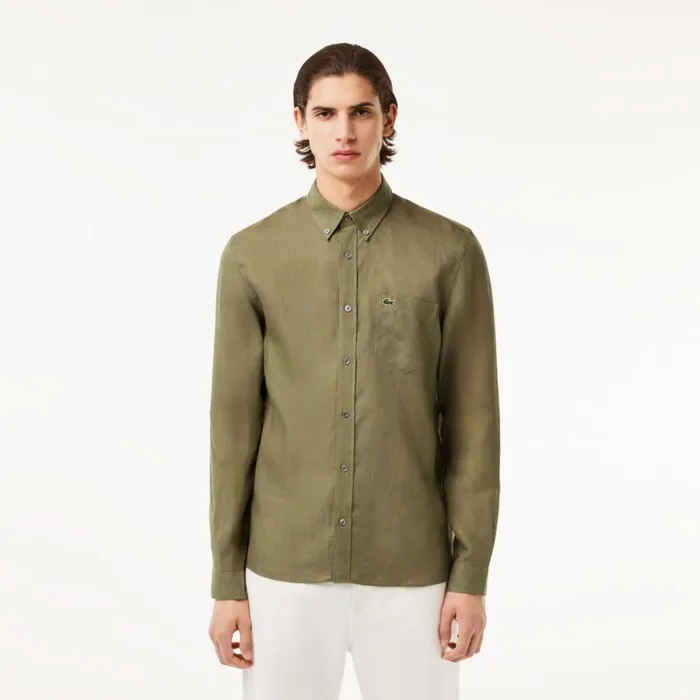 Button Down Shirts Men Lacoste Mens Linen Shirt Khaki Green 316