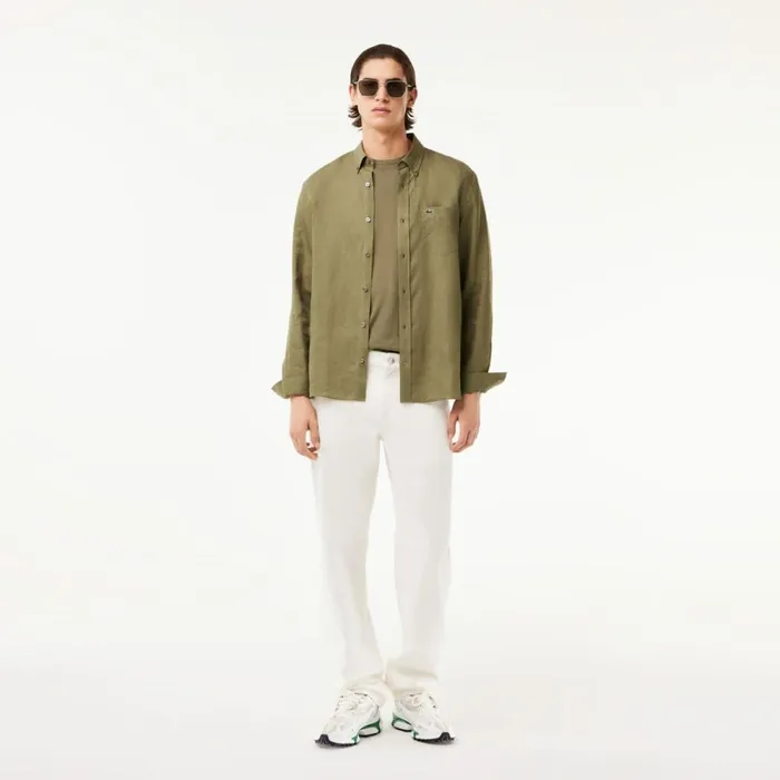 Button Down Shirts Men Lacoste Mens Linen Shirt Khaki Green 316