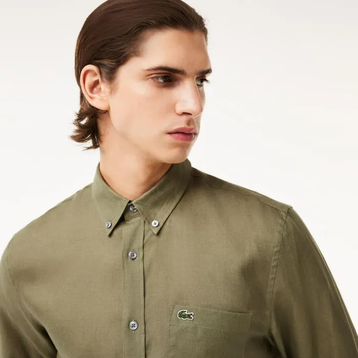 Button Down Shirts Men Lacoste Mens Linen Shirt Khaki Green 316
