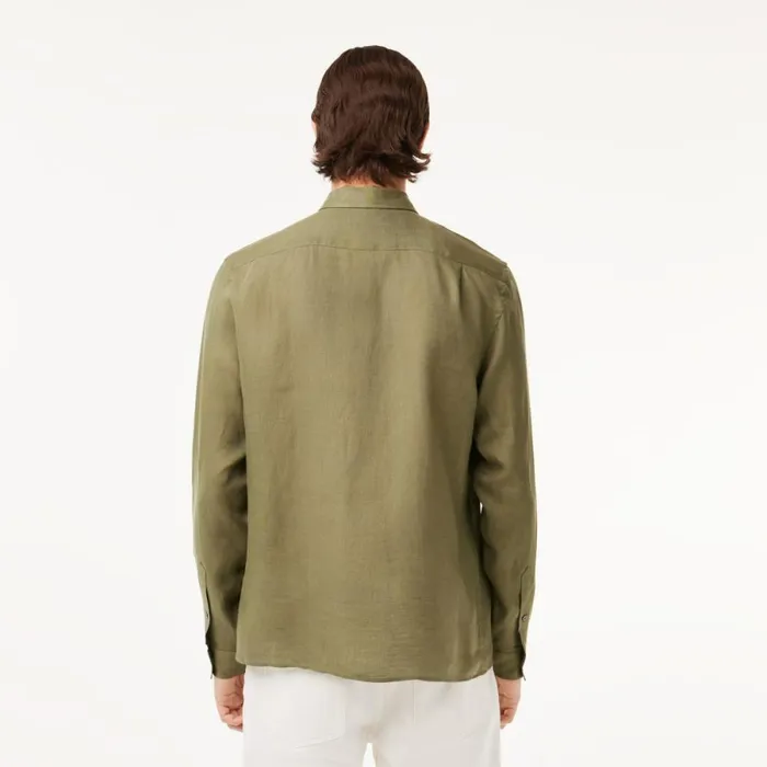Button Down Shirts Men Lacoste Mens Linen Shirt Khaki Green 316