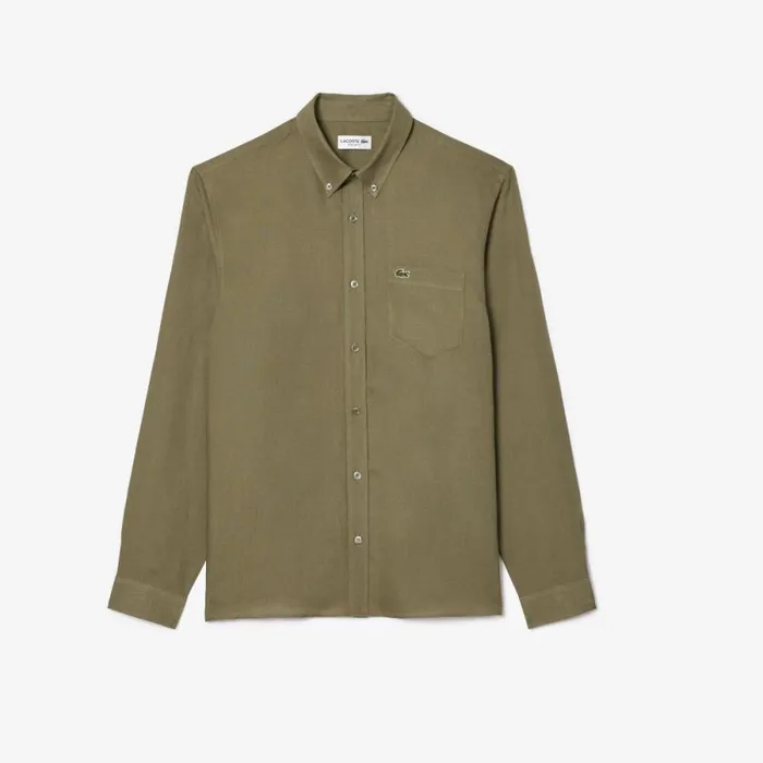 Button Down Shirts Men Lacoste Mens Linen Shirt Khaki Green 316