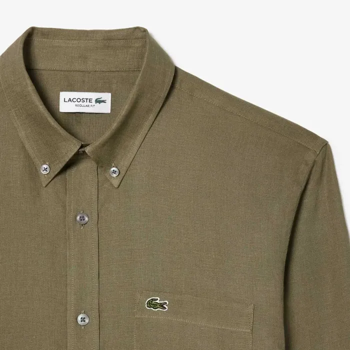 Button Down Shirts Men Lacoste Mens Linen Shirt Khaki Green 316