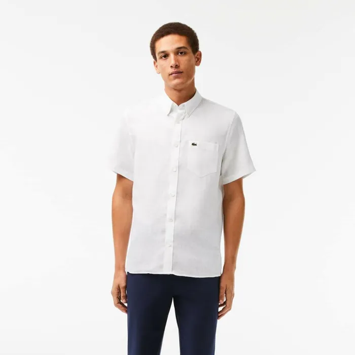 Button Down Shirts Men Lacoste Mens Short Sleeve Linen Shirt White 001