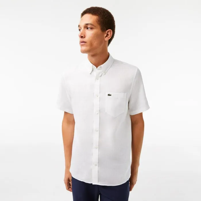 Button Down Shirts Men Lacoste Mens Short Sleeve Linen Shirt White 001