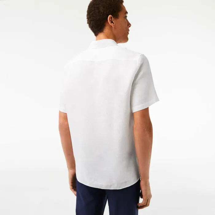 Button Down Shirts Men Lacoste Mens Short Sleeve Linen Shirt White 001