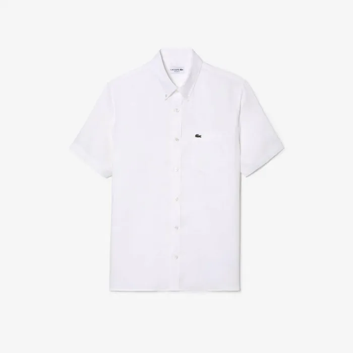 Button Down Shirts Men Lacoste Mens Short Sleeve Linen Shirt White 001