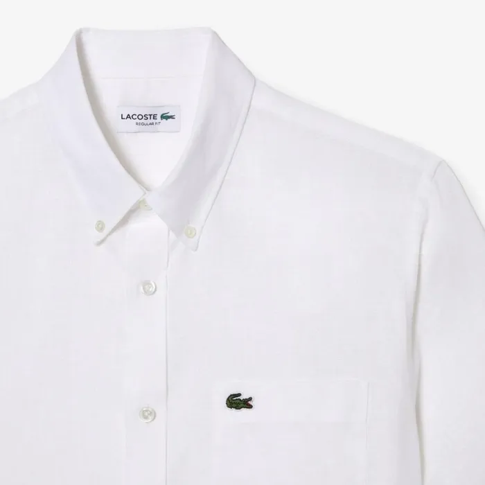 Button Down Shirts Men Lacoste Mens Short Sleeve Linen Shirt White 001