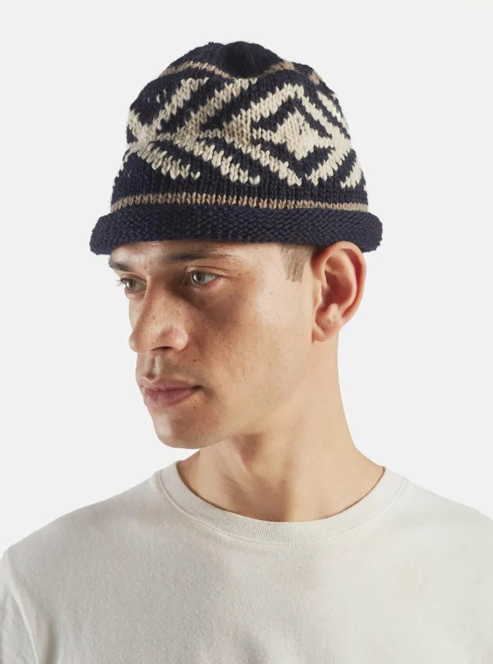 Cableami Watch Cap In Navy Wool Jacquard Men Universal Works Hats