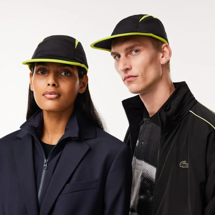 Caps and Hats MenWomen Lacoste Unisex Jockey Cap With Contrast Cutouts Black Yellow Iz8