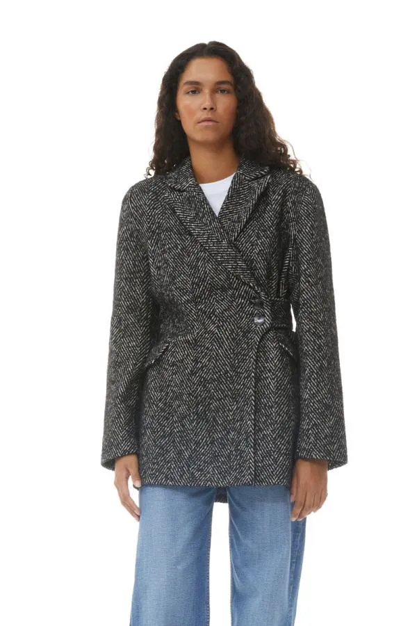 Clothing GANNI Extended Sizes Herringbone Wool Belt Blazer Black