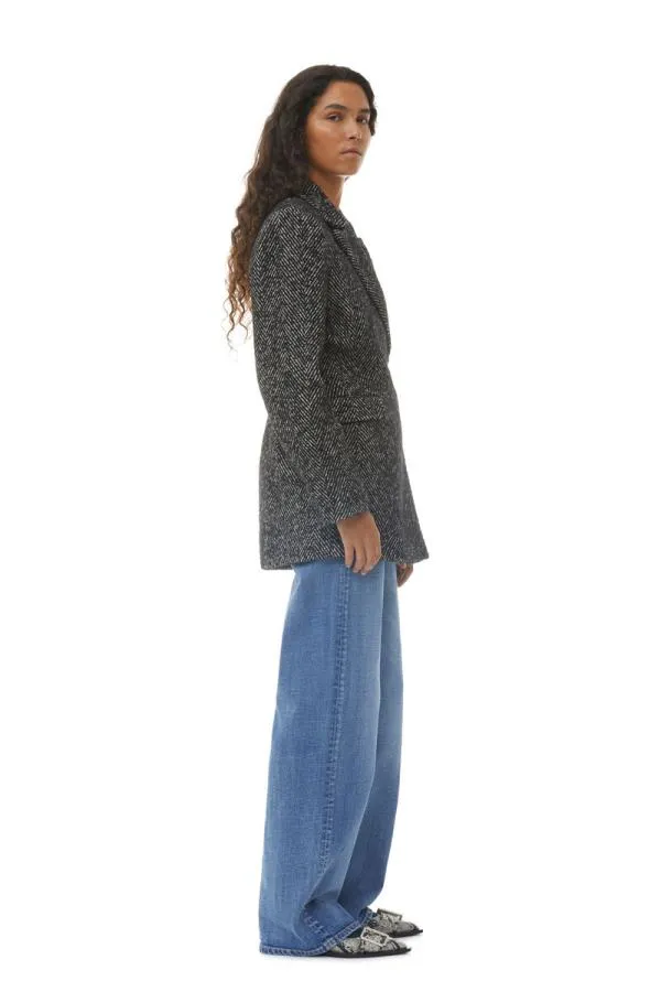 Clothing GANNI Extended Sizes Herringbone Wool Belt Blazer Black Clothing GANNI Extended Sizes Herringbone Wool Belt Blazer Black