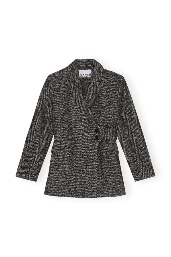 Clothing GANNI Extended Sizes Herringbone Wool Belt Blazer Black Clothing GANNI Extended Sizes Herringbone Wool Belt Blazer Black