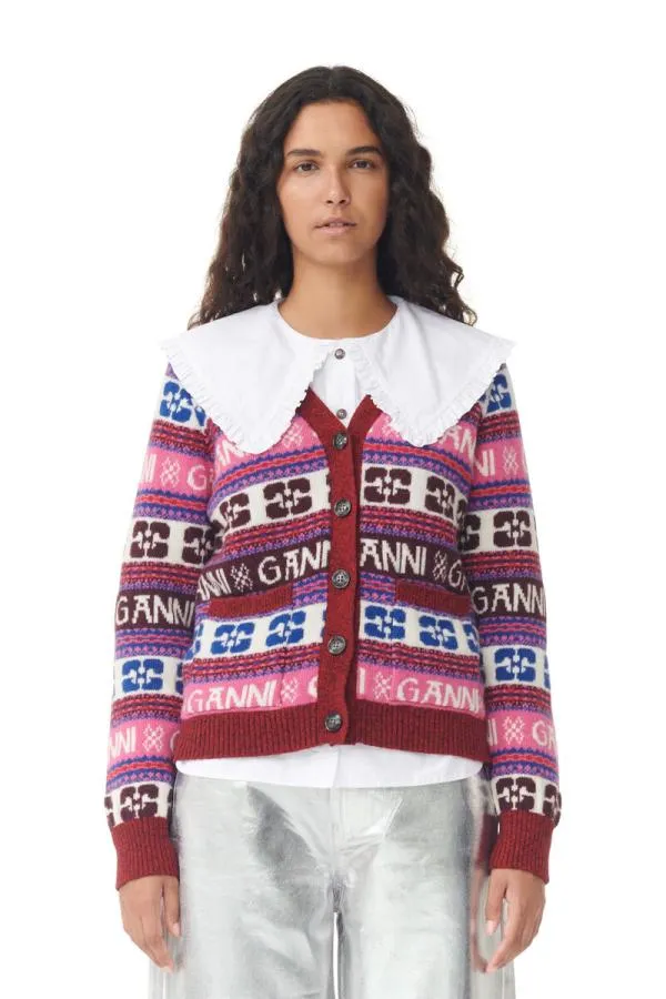 Clothing GANNI Extended Sizes Pink Logo Wool Mix Cardigan Multicolour