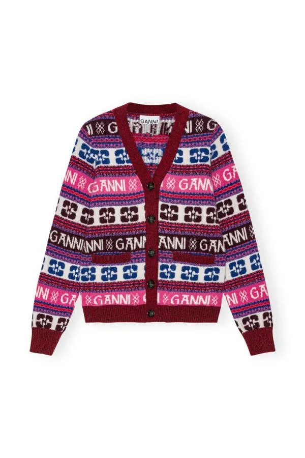 Clothing GANNI Extended Sizes Pink Logo Wool Mix Cardigan Multicolour Clothing GANNI Extended Sizes Pink Logo Wool Mix Cardigan Multicolour