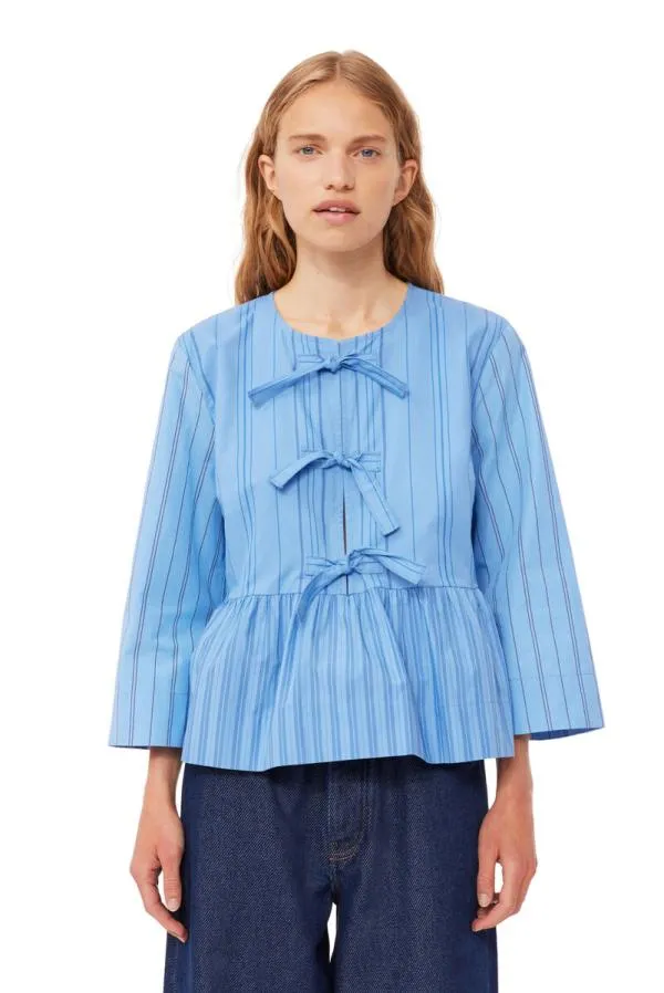 Clothing GANNI Extended Sizes Recut Striped Cotton Peplum Blouse Silver Lake Blue Clothing GANNI Extended Sizes Recut Striped Cotton Peplum Blouse Silver Lake Blue