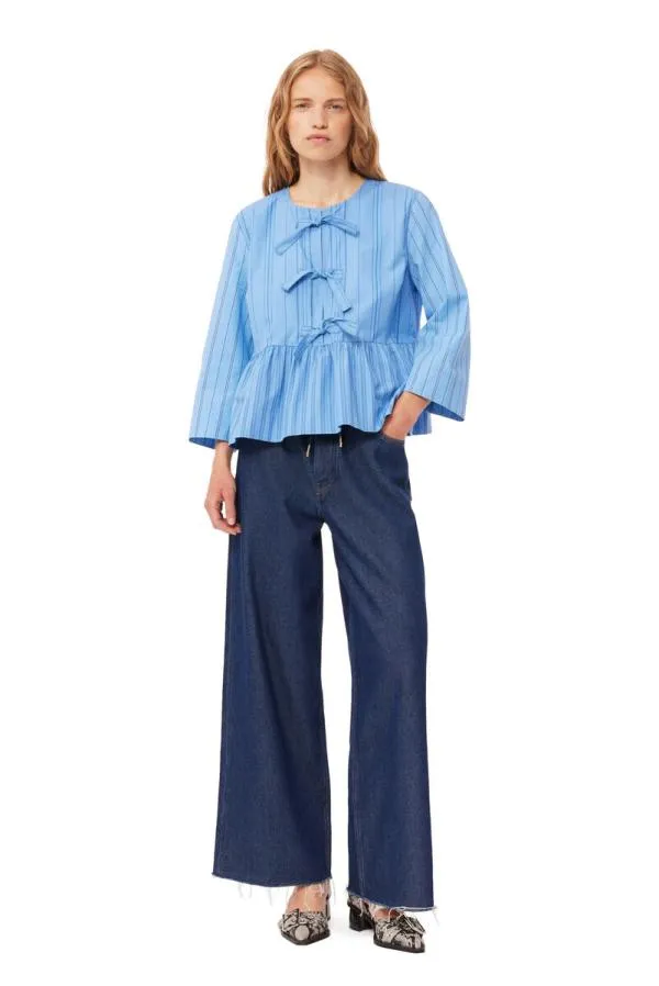 Clothing GANNI Extended Sizes Recut Striped Cotton Peplum Blouse Silver Lake Blue