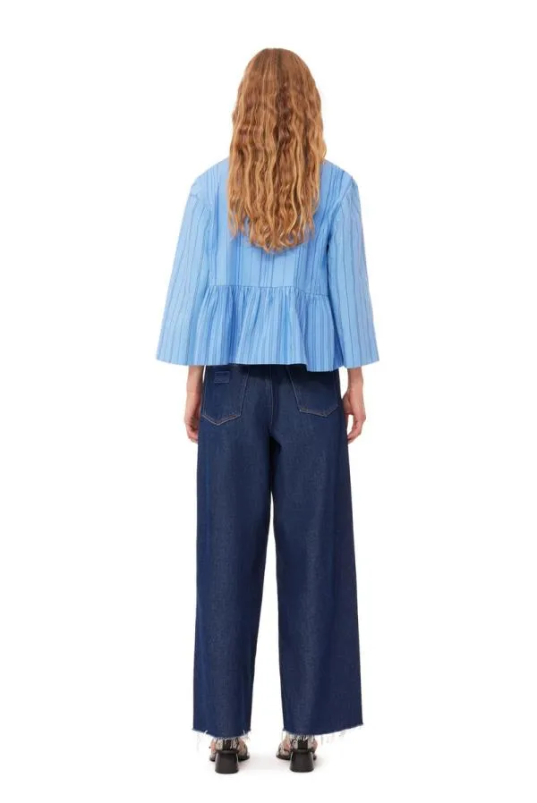 Clothing GANNI Extended Sizes Recut Striped Cotton Peplum Blouse Silver Lake Blue