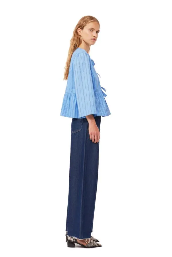 Clothing GANNI Extended Sizes Recut Striped Cotton Peplum Blouse Silver Lake Blue