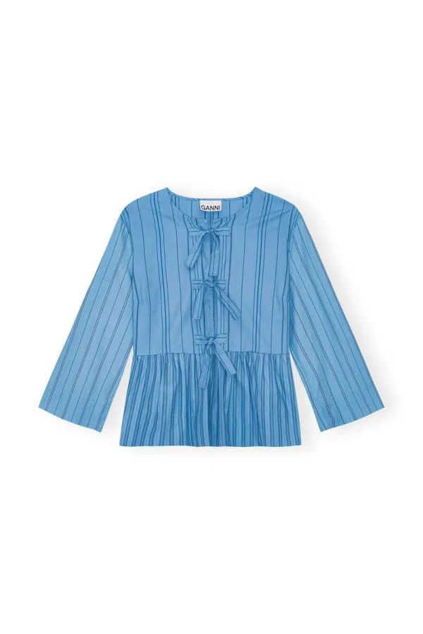 Clothing GANNI Extended Sizes Recut Striped Cotton Peplum Blouse Silver Lake Blue