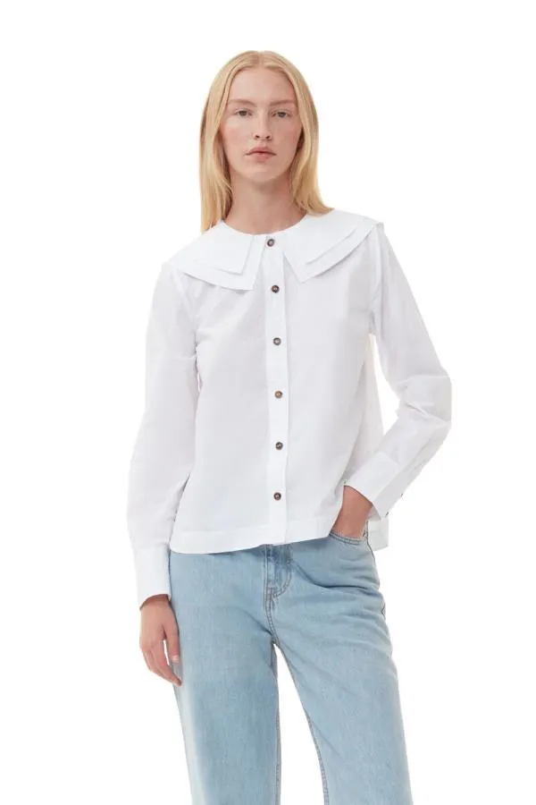 Clothing GANNI Extended Sizes White Cotton Poplin DoubleCollar Shirt Bright White Clothing GANNI Extended Sizes White Cotton Poplin DoubleCollar Shirt Bright White