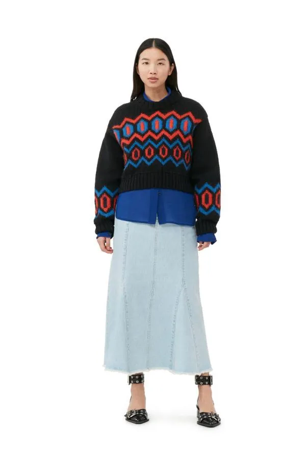 Clothing GANNI Knitwear Black Chunky Wool Cropped Oneck Sweater Black