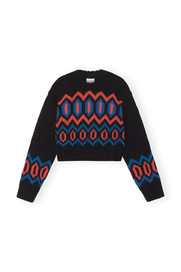 Clothing GANNI Knitwear Black Chunky Wool Cropped Oneck Sweater Black Clothing GANNI Knitwear Black Chunky Wool Cropped Oneck Sweater Black