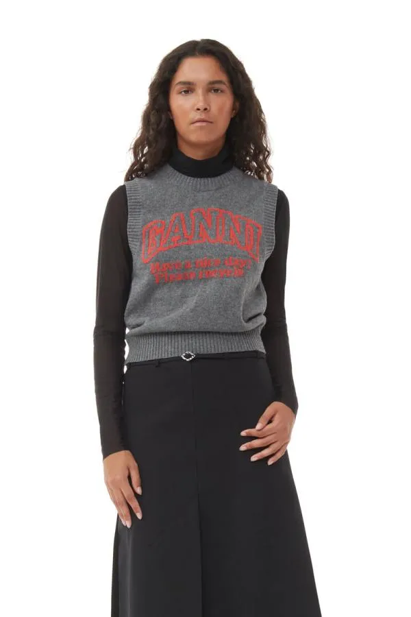 Clothing GANNI Knitwear Grey Graphic ONeck Vest Frost Gray