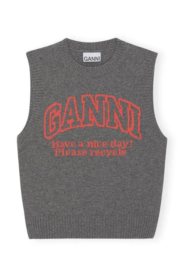 Clothing GANNI Knitwear Grey Graphic ONeck Vest Frost Gray Clothing GANNI Knitwear Grey Graphic ONeck Vest Frost Gray