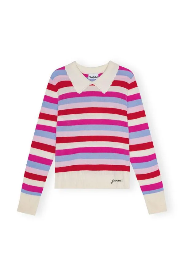 Clothing GANNI Knitwear Striped Collar Pullover Egret Clothing GANNI Knitwear Striped Collar Pullover Egret