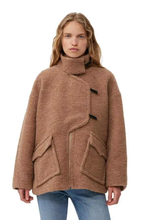 Clothing GANNI Outerwear Brown Boucle Wool Shoulder Jacket Tiger039s Eye
