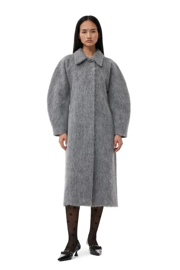 Clothing GANNI Outerwear Grey Fluffy Wool Curved Sleeves Coat Frost Gray